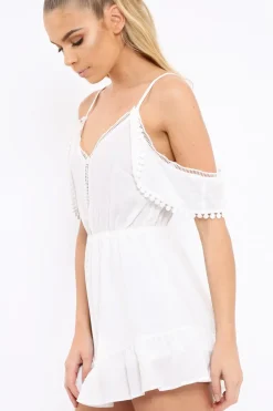 Rebellious Fashion White Cold Shoulder Frill Playsuit - Lashanti