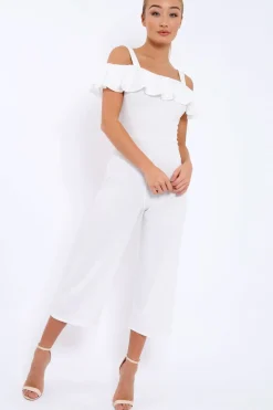 Rebellious Fashion White Cold Shoulder Jumpsuit - Linora