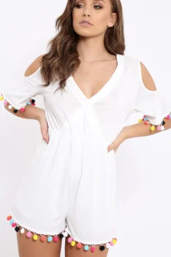 Rebellious Fashion White Cold Shoulder Pom Pom Playsuit - Jemima