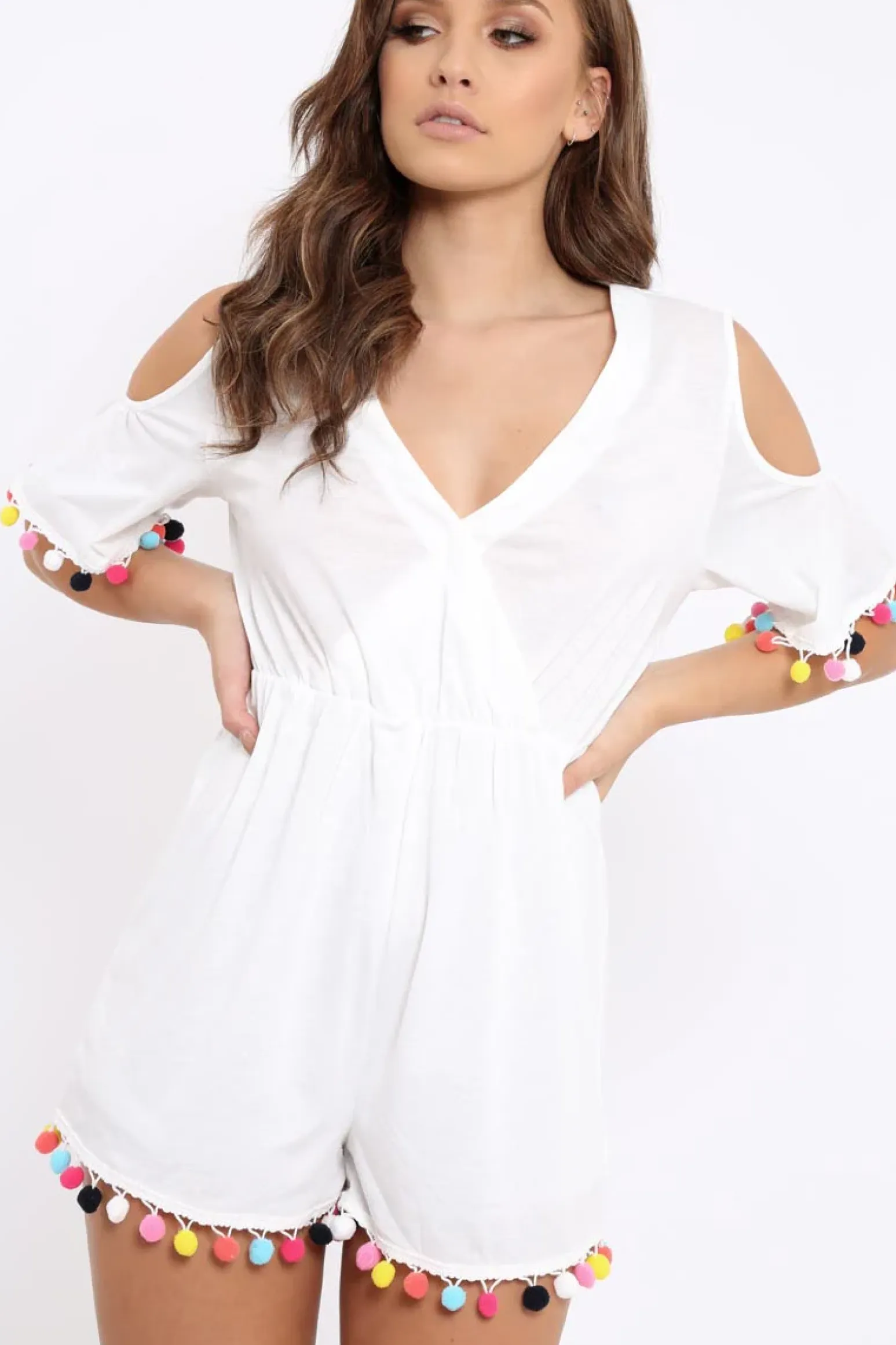 Rebellious Fashion White Cold Shoulder Pom Pom Playsuit - Jemima
