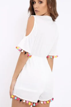 Rebellious Fashion White Cold Shoulder Pom Pom Playsuit - Jemima