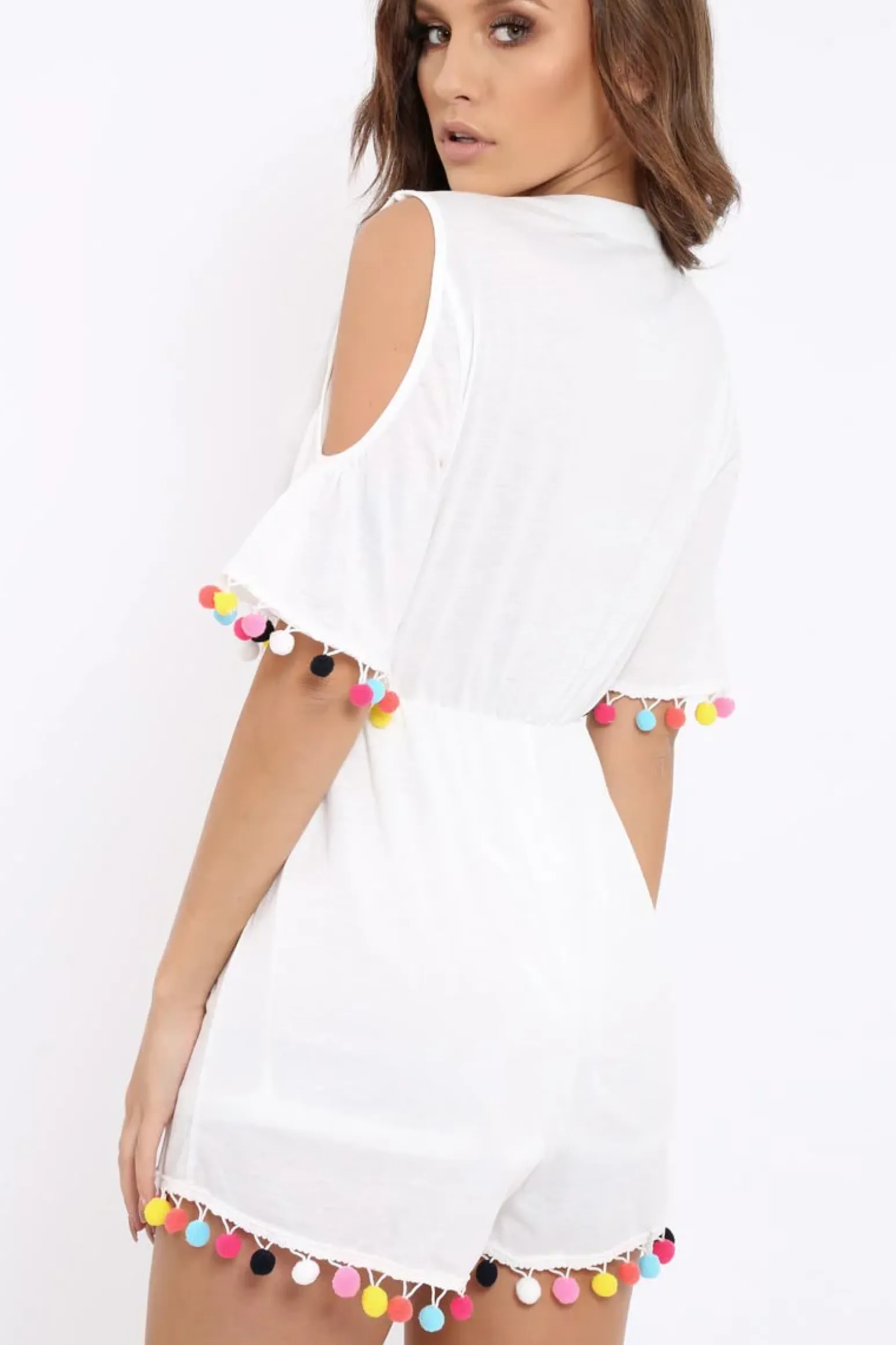 Rebellious Fashion White Cold Shoulder Pom Pom Playsuit - Jemima