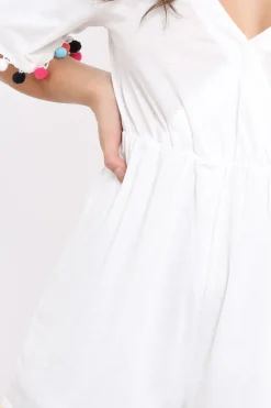 Rebellious Fashion White Cold Shoulder Pom Pom Playsuit - Jemima