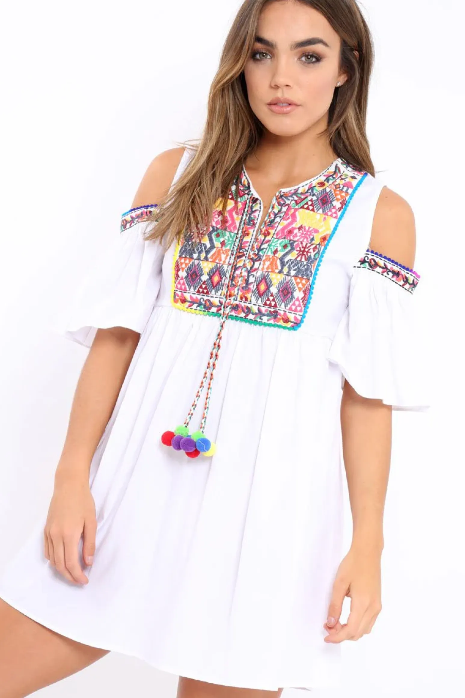 Rebellious Fashion White Cold Shoulder Shift Dress with Aztec Embroidery - Elodie