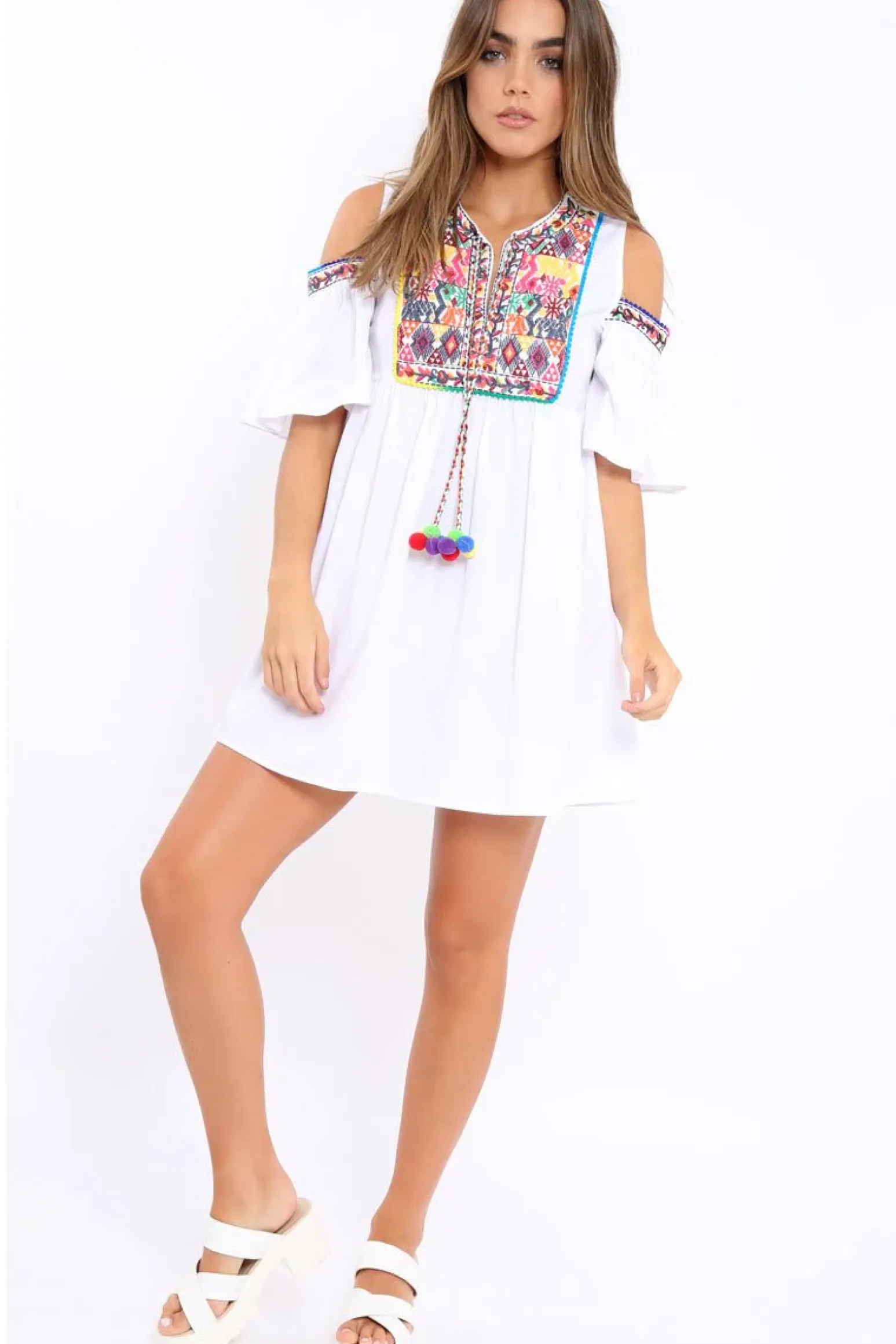 Rebellious Fashion White Cold Shoulder Shift Dress with Aztec Embroidery - Elodie