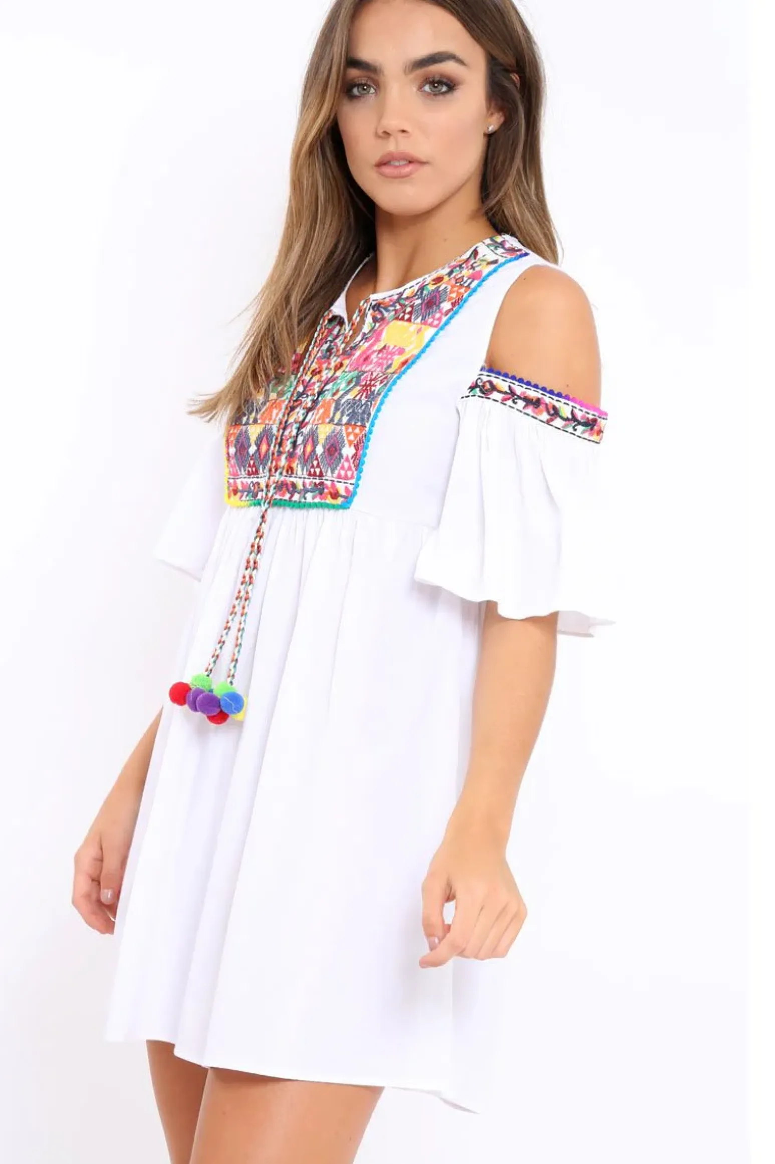 Rebellious Fashion White Cold Shoulder Shift Dress with Aztec Embroidery - Elodie