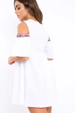 Rebellious Fashion White Cold Shoulder Shift Dress with Aztec Embroidery - Elodie