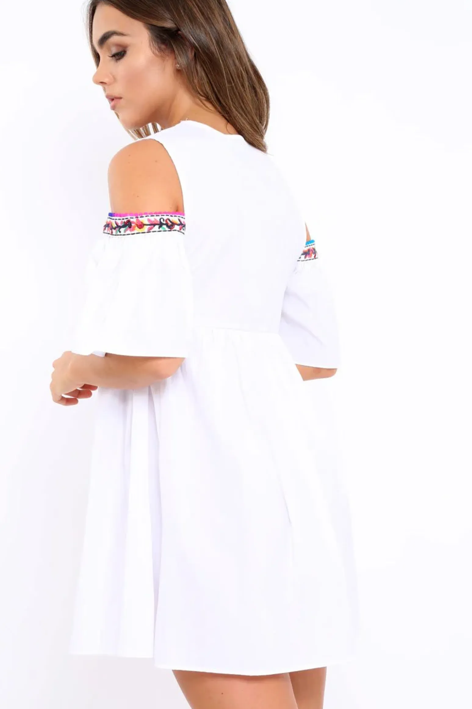 Rebellious Fashion White Cold Shoulder Shift Dress with Aztec Embroidery - Elodie