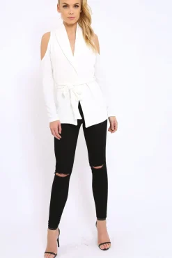 Rebellious Fashion White Cold Shoulder Tie Waist Blazer - Agnes