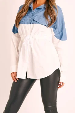 Rebellious Fashion White Colour Block Denim Shirt - Jaiya