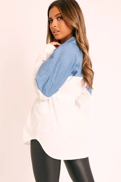 Rebellious Fashion White Colour Block Denim Shirt - Jaiya
