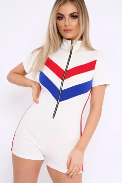 Rebellious Fashion White Colour Block Zip Front Playsuit - Maleia