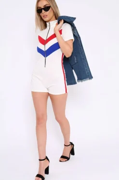 Rebellious Fashion White Colour Block Zip Front Playsuit - Maleia