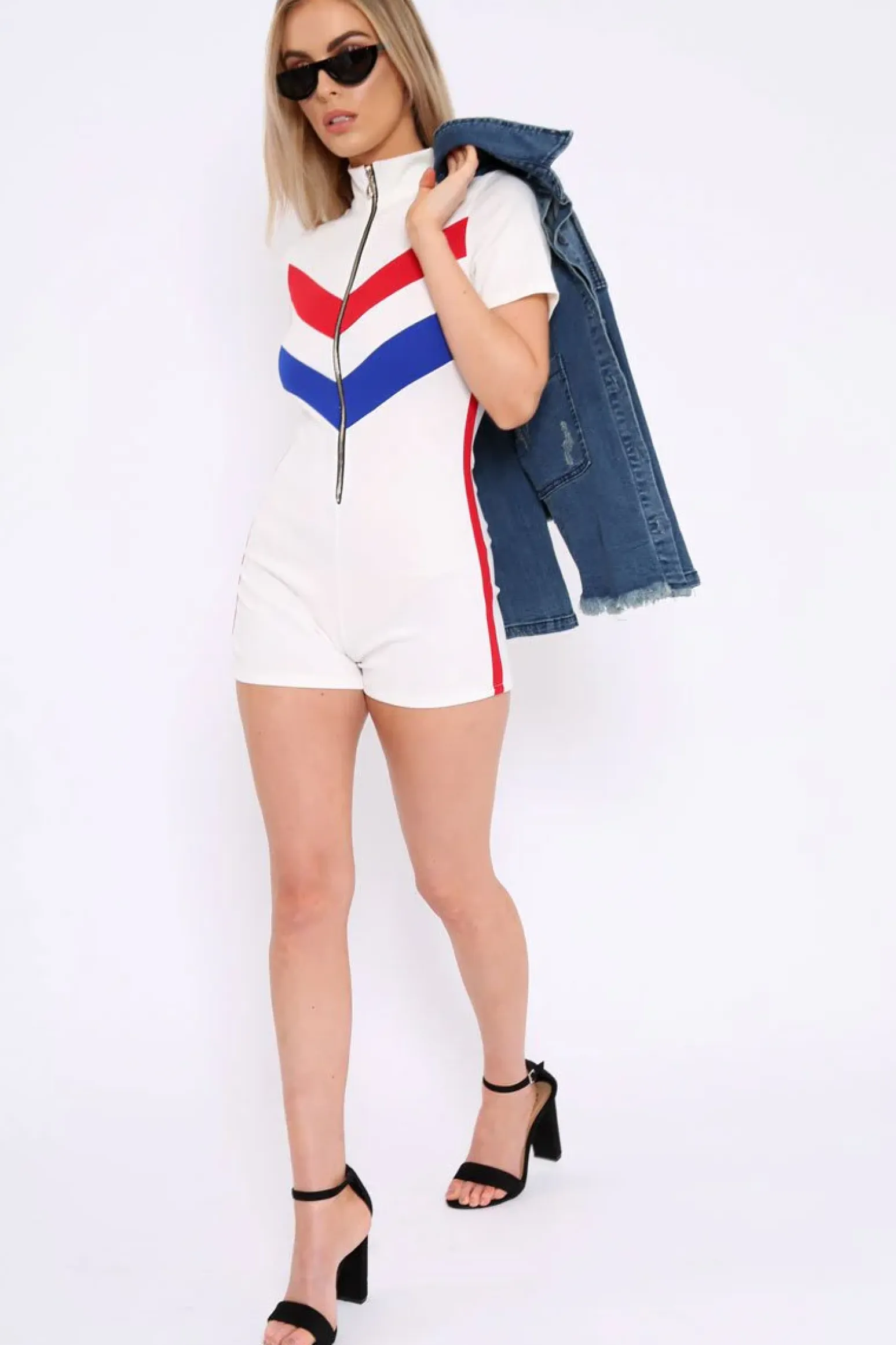 Rebellious Fashion White Colour Block Zip Front Playsuit - Maleia