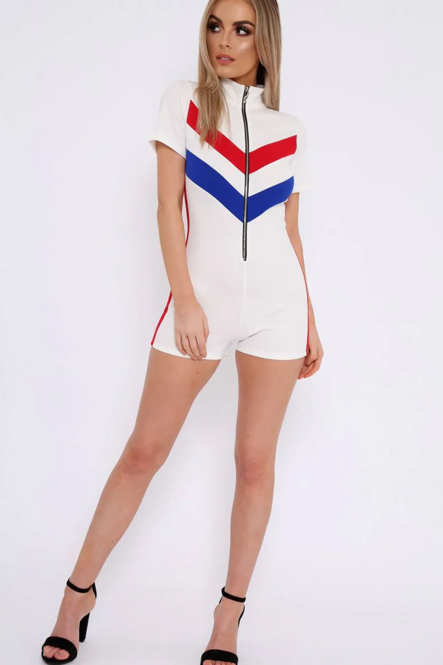 Rebellious Fashion White Colour Block Zip Front Playsuit - Maleia