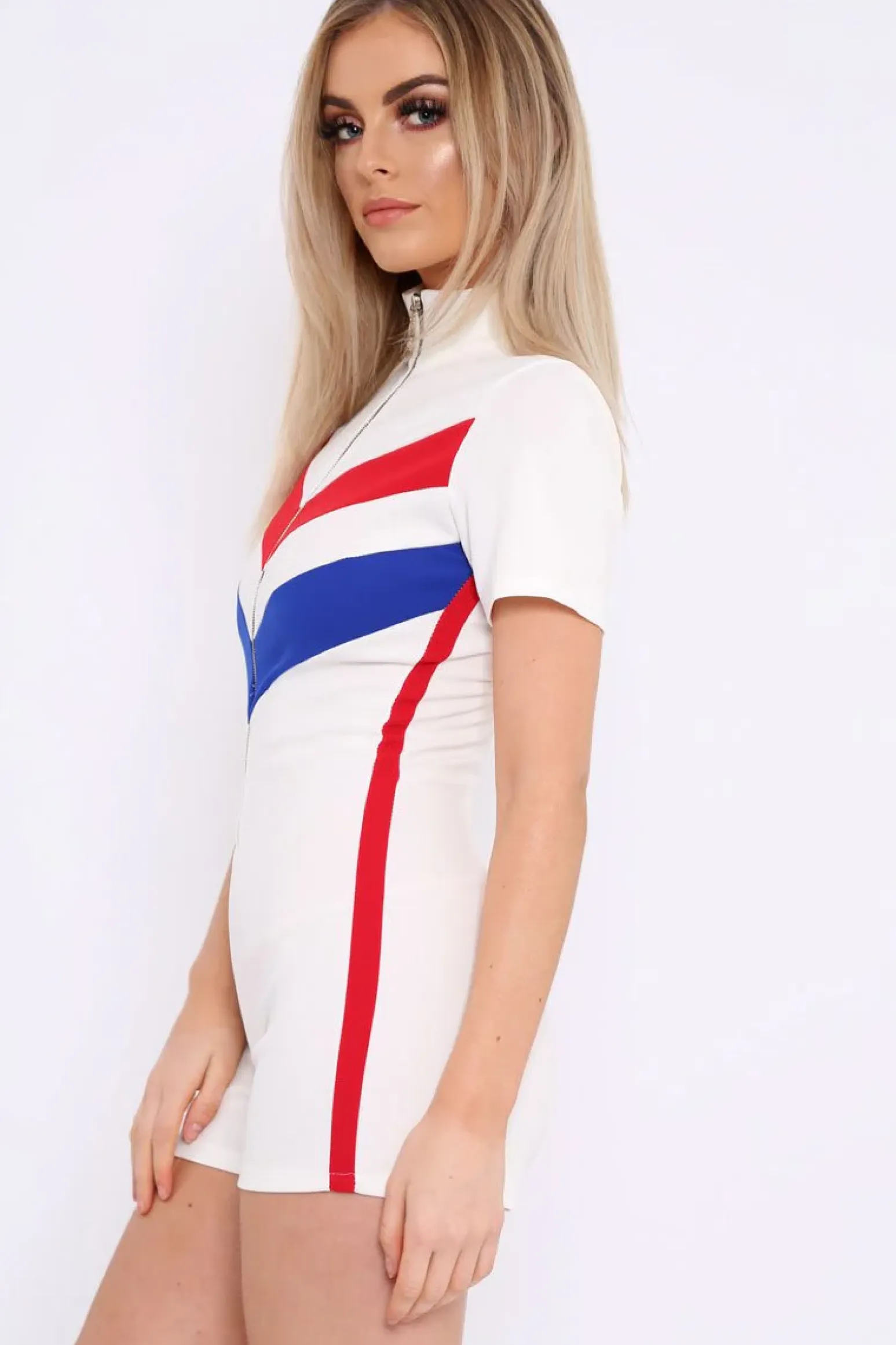 Rebellious Fashion White Colour Block Zip Front Playsuit - Maleia