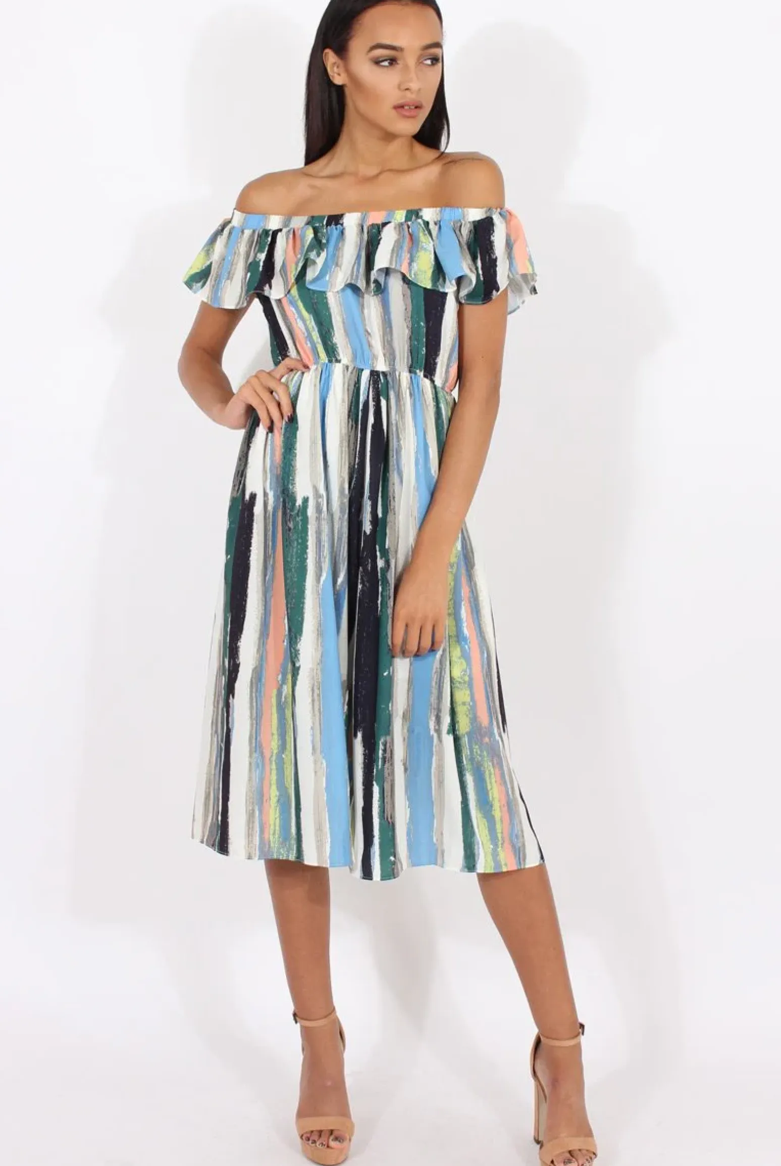 Rebellious Fashion White Colourful Stripe Bardot Culotte Jumpsuit - Kathy