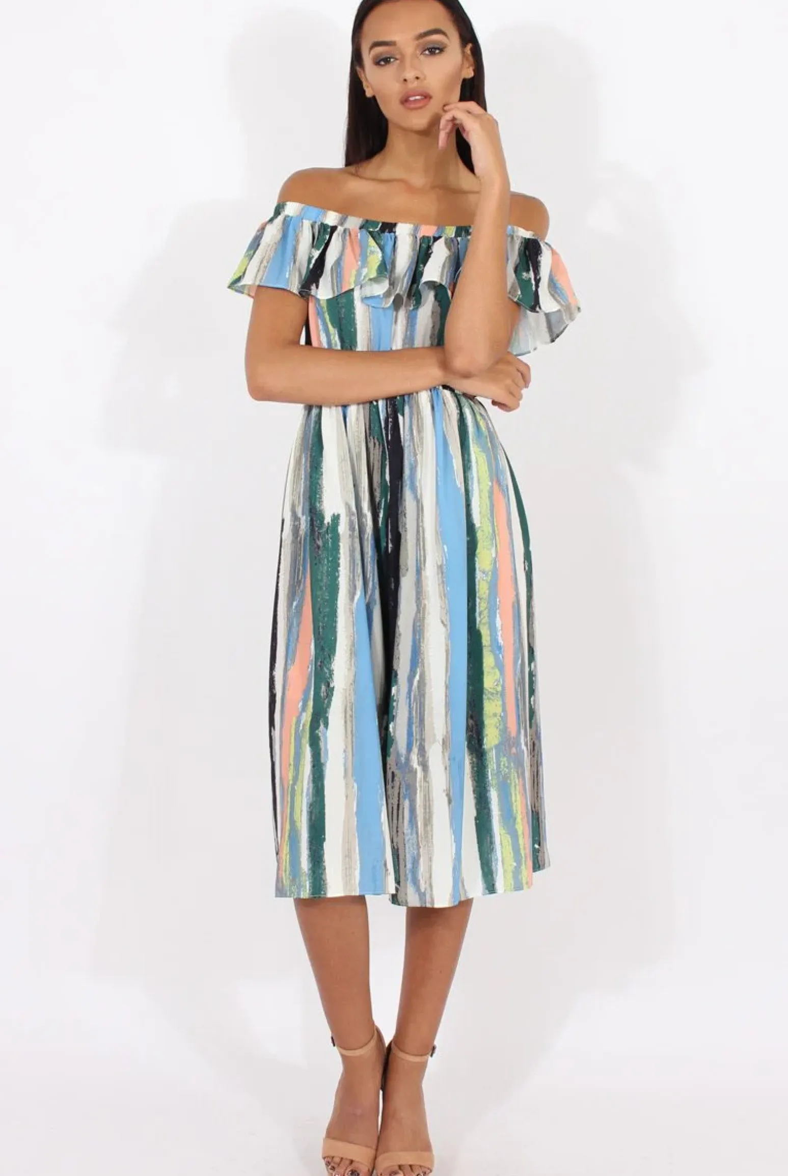 Rebellious Fashion White Colourful Stripe Bardot Culotte Jumpsuit - Kathy