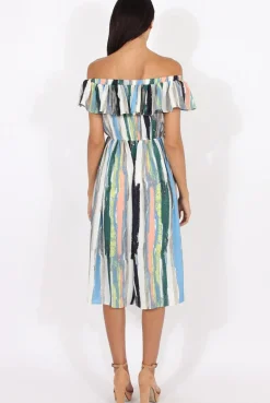 Rebellious Fashion White Colourful Stripe Bardot Culotte Jumpsuit - Kathy