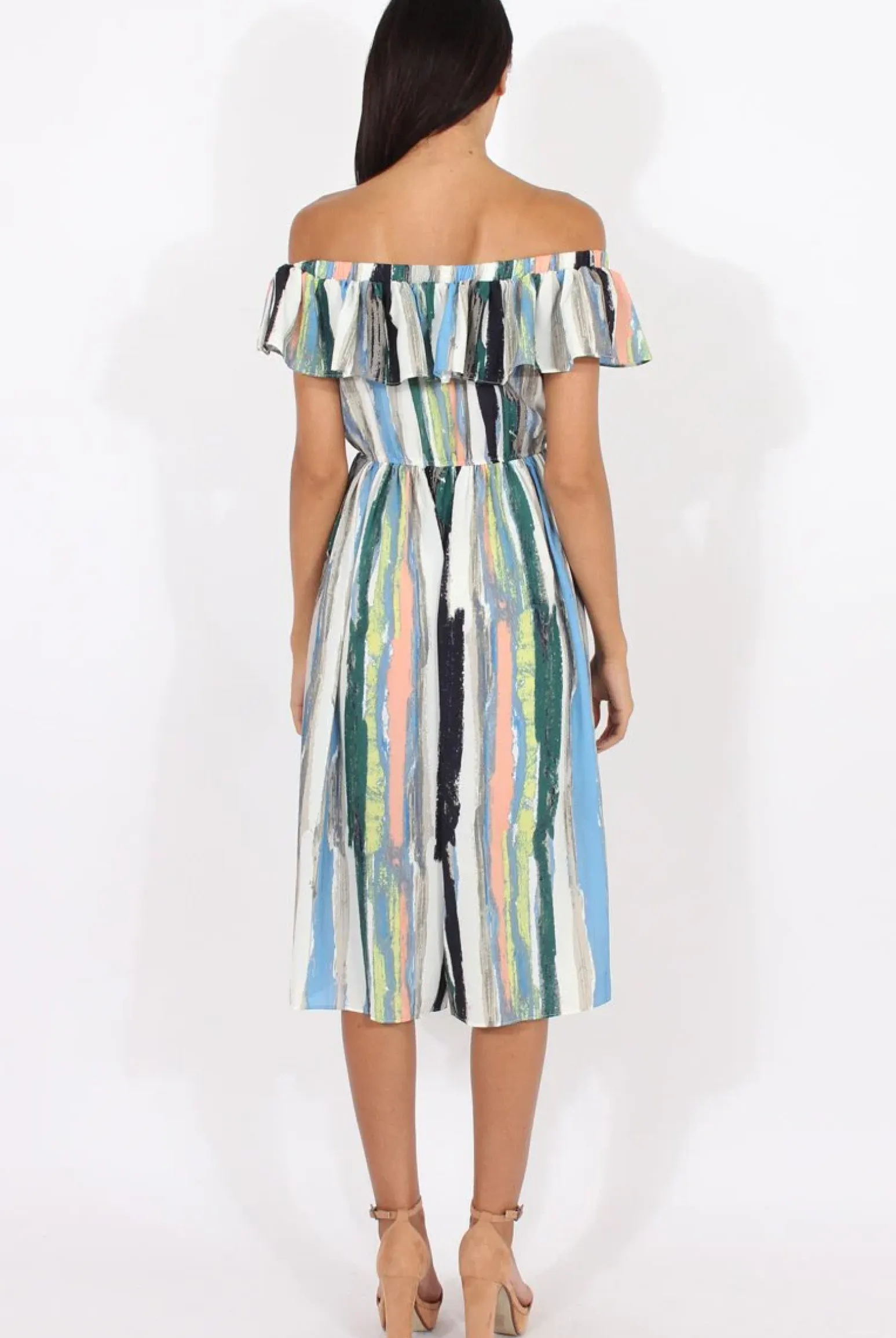 Rebellious Fashion White Colourful Stripe Bardot Culotte Jumpsuit - Kathy