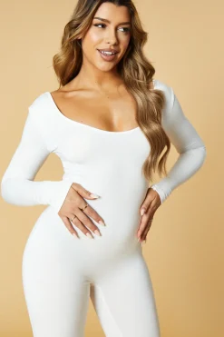 Rebellious Fashion White Contour Long Sleeve Jumpsuit -- Luana