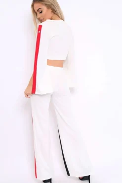 Rebellious Fashion White Contrast Split Popper Front Co-ord Set - Krista