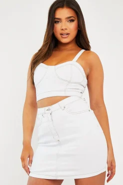 Rebellious Fashion White Contrast Stitch Bralet + Skirt Denim Co-ord - Divina