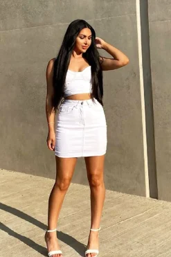 Rebellious Fashion White Contrast Stitch Bralet + Skirt Denim Co-ord - Divina
