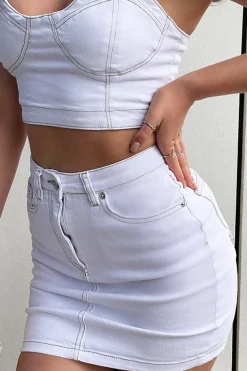 Rebellious Fashion White Contrast Stitch Bralet + Skirt Denim Co-ord - Divina