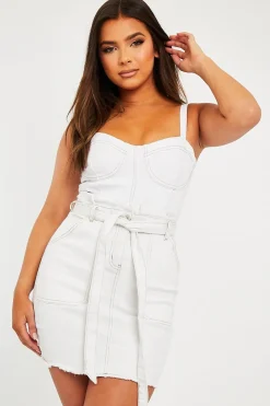 Rebellious Fashion White Contrast Stitch Denim Bodysuit - Jamelia