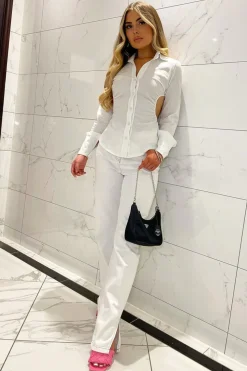 Rebellious Fashion White Contrast Stitch Denim Straight Leg Side Split Jeans - Tashi