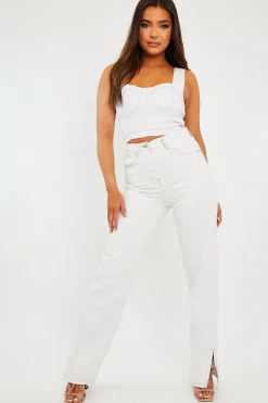 Rebellious Fashion White Contrast Stitch Denim Straight Leg Side Split Jeans - Tashi