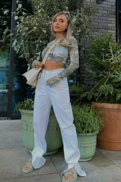 Rebellious Fashion White Contrast Stitch Denim Straight Leg Side Split Jeans - Tashi
