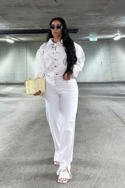 Rebellious Fashion White Contrast Stitch Denim Straight Leg Side Split Jeans - Tashi