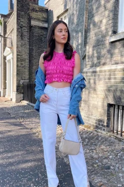 Rebellious Fashion White Contrast Stitch Denim Straight Leg Side Split Jeans - Tashi