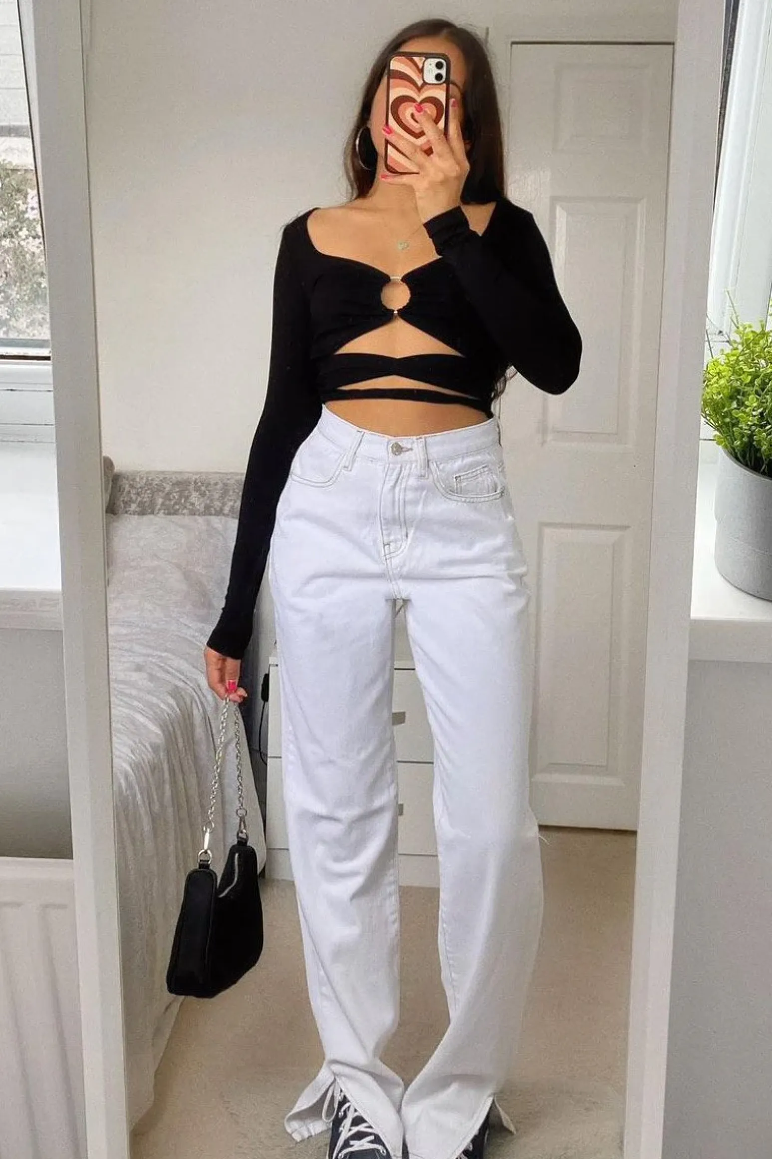 Rebellious Fashion White Contrast Stitch Denim Straight Leg Side Split Jeans - Tashi