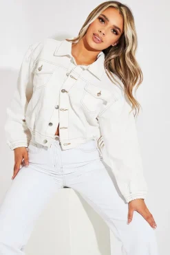 Rebellious Fashion White Contrast Stitch Elasticated Hem Denim Jacket - Danalee