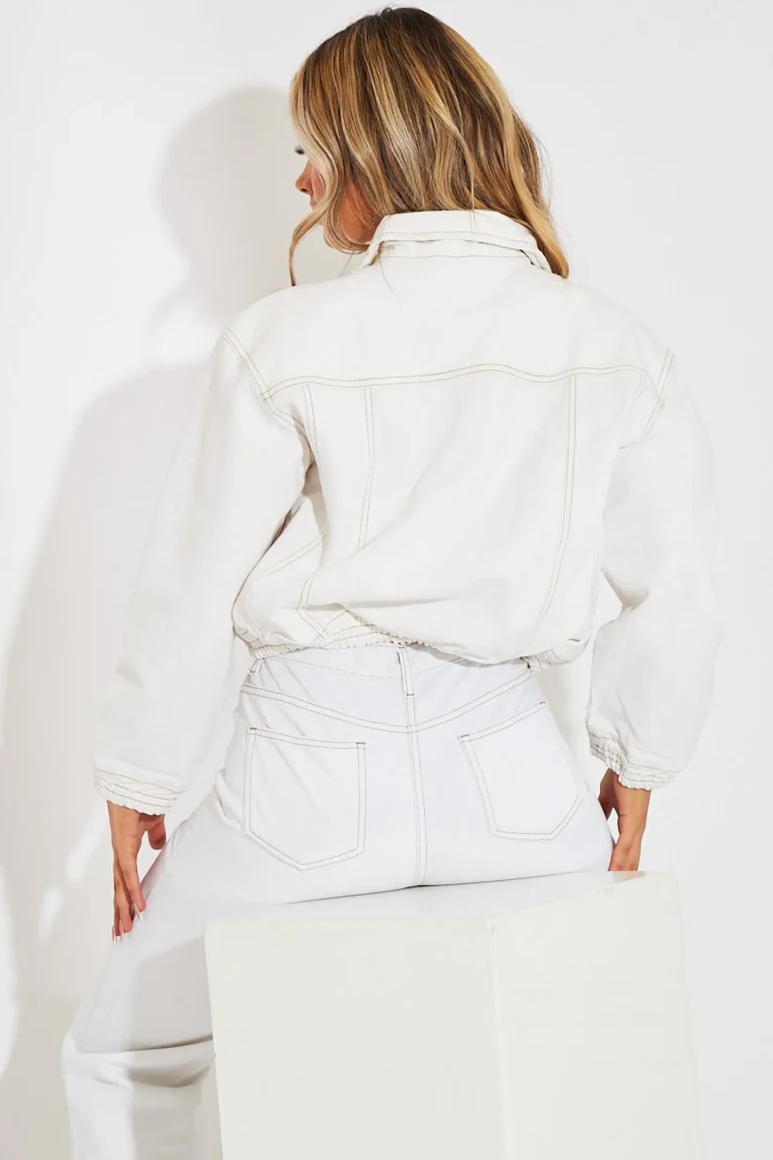 Rebellious Fashion White Contrast Stitch Elasticated Hem Denim Jacket - Danalee