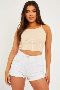 Rebellious Fashion White Contrast Stitch Frayed Hem Denim Shorts - Jessie