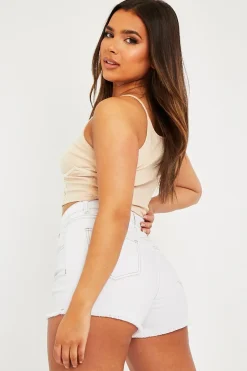 Rebellious Fashion White Contrast Stitch Frayed Hem Denim Shorts - Jessie