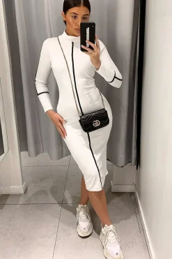 Rebellious Fashion White Contrast Stripe Detail High Neck Midi Dress - Niana
