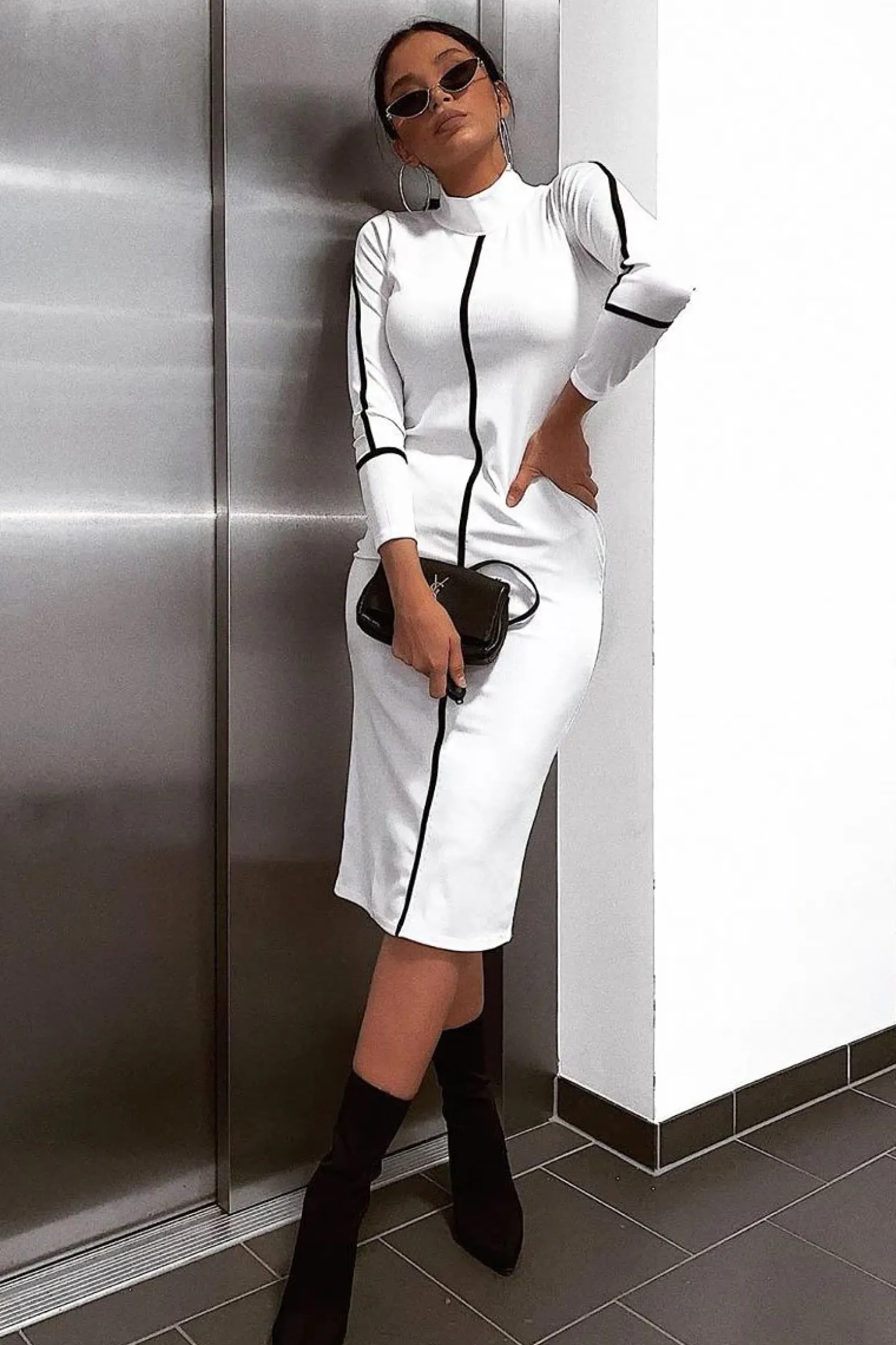 Rebellious Fashion White Contrast Stripe Detail High Neck Midi Dress - Niana