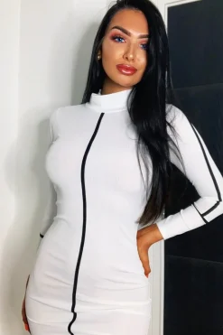 Rebellious Fashion White Contrast Stripe Detail High Neck Midi Dress - Niana