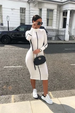 Rebellious Fashion White Contrast Stripe Detail High Neck Midi Dress - Niana