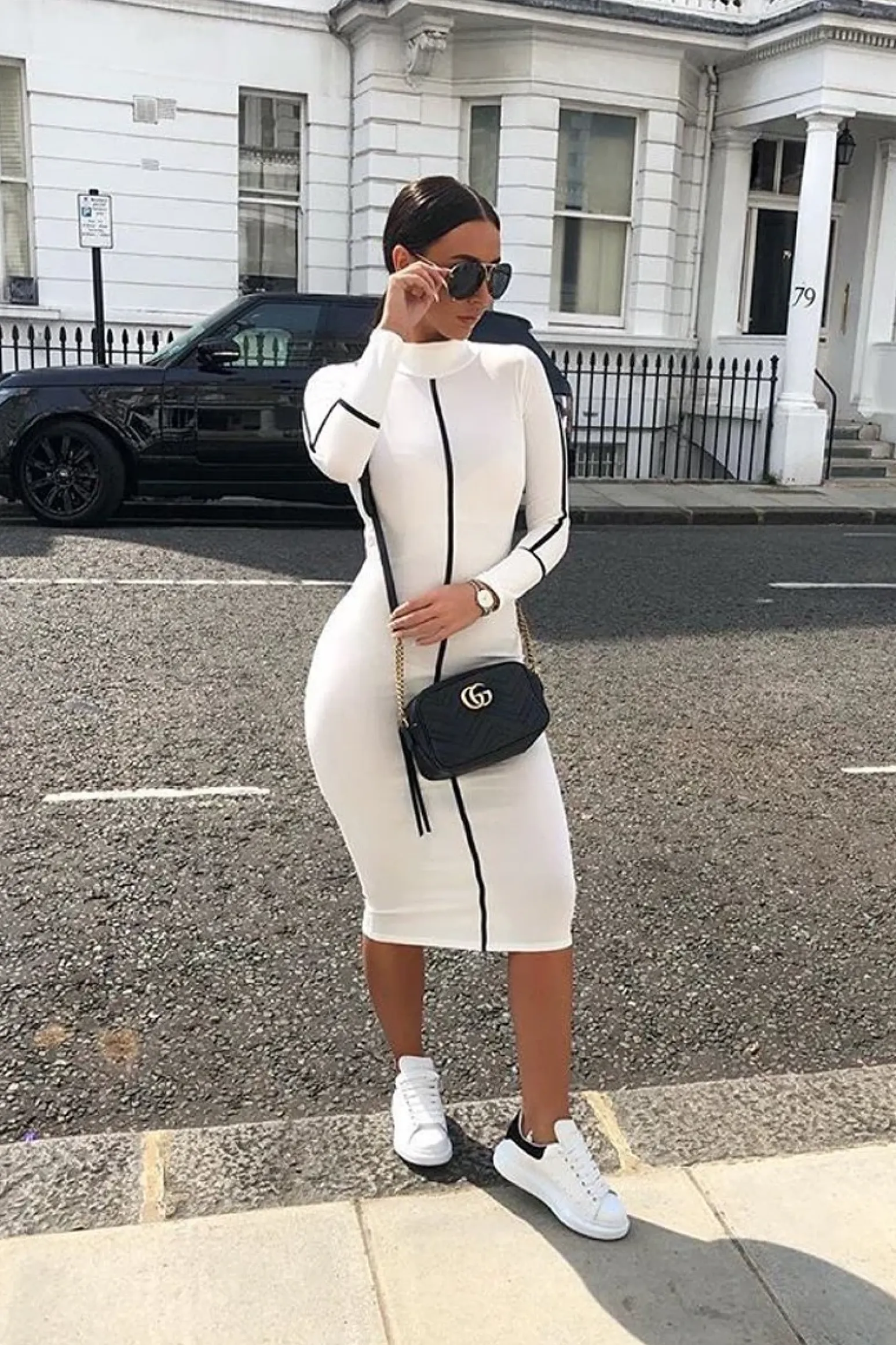 Rebellious Fashion White Contrast Stripe Detail High Neck Midi Dress - Niana