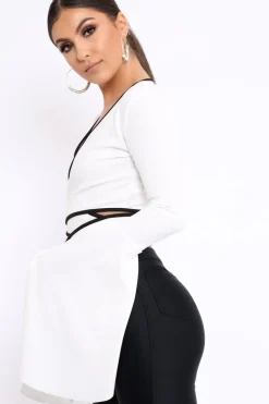 Rebellious Fashion White Contrast Trim Tie Front Crop Top - Jaxy