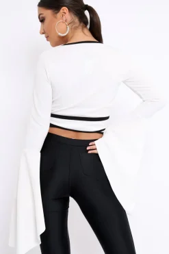 Rebellious Fashion White Contrast Trim Tie Front Crop Top - Jaxy