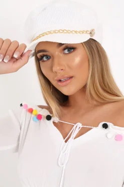 Rebellious Fashion White Corduroy Gold Chain Baker Boy Hat - Mayla