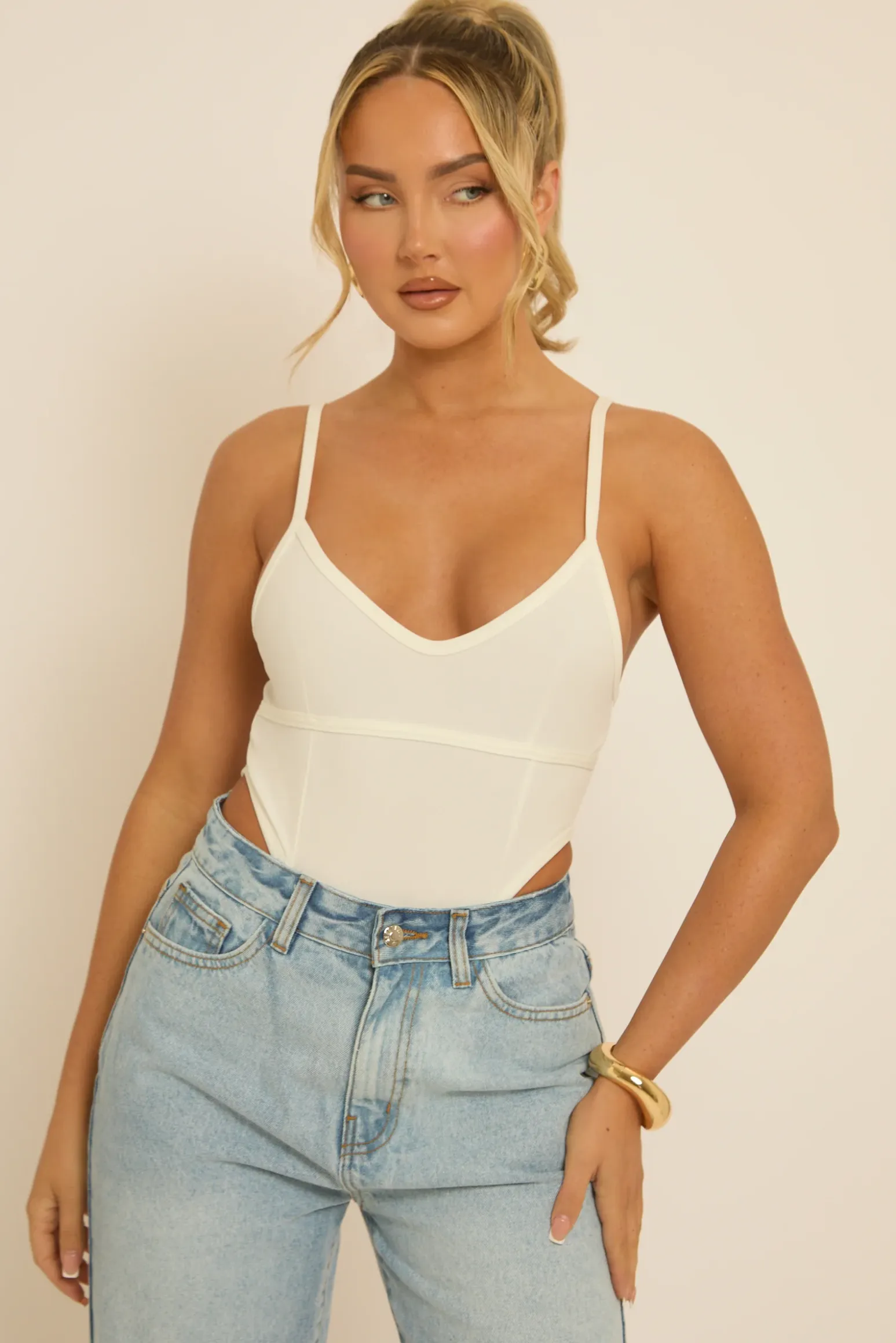 Rebellious Fashion White Corset Detail Jersey Bodysuit - Clara