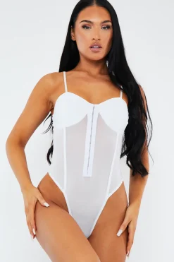 Rebellious Fashion White Corset Mesh Bodysuit - Liela